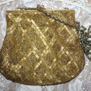 Vintage gold beaded evening bag with silver chain